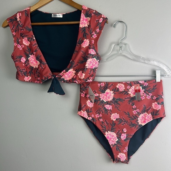 NEW Marina West Reversible Floral Cap Sleeve Bikini Top High Waist Bottom Swim